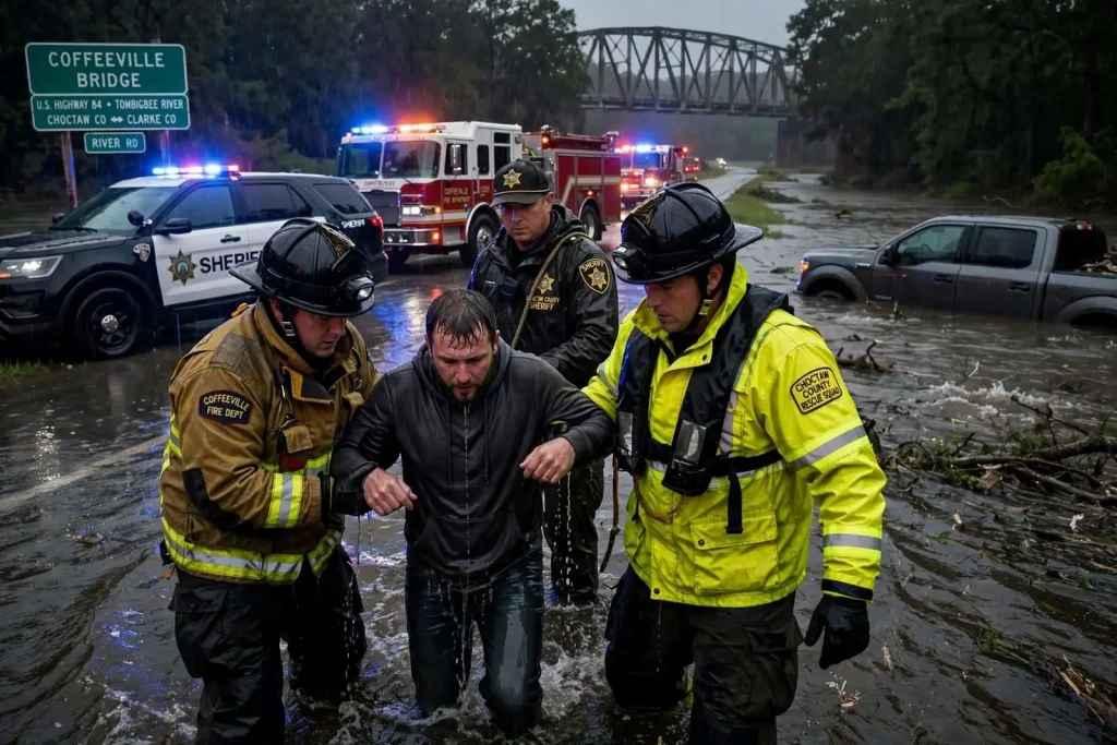 Illustration for the news story: Crews pull driver from floodwaters near Coffeeville Bridge in Choctaw County