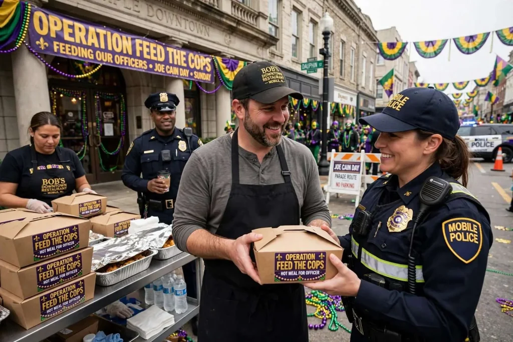 Illustration for the news story: Downtown Mobile Restaurants Feed Officers Working Long Mardi Gras Hours