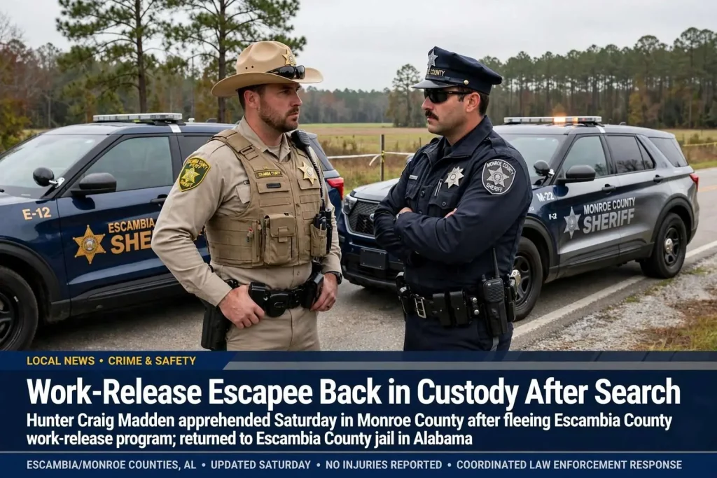 Illustration for the news story: Escambia County deputies search for work-release escapee; later apprehended