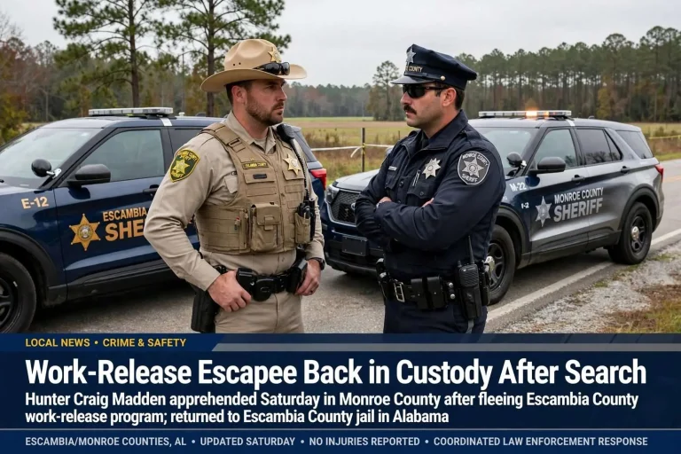 Illustration for the news story: Escambia County deputies search for work-release escapee; later apprehended