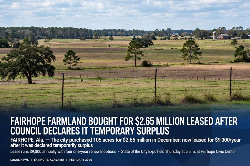 Illustration for the news story: Fairhope Farmland Bought for $2.65 Million Leased After Council Declares It Temporary Surplus