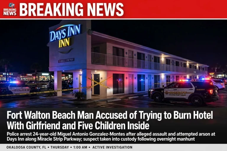 Illustration for the news story: Fort Walton Beach Man Accused of Trying to Burn Hotel Room With Girlfriend and Five Children Inside