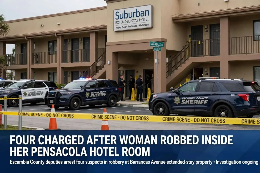 Illustration for the news story: Four Charged After Woman Robbed Inside Her Pensacola Hotel Room