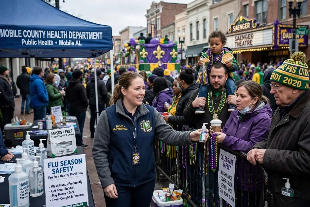 Illustration for the news story: Health Officials Urge Precautions as Mardi Gras Crowds Meet Peak Flu Season in Mobile