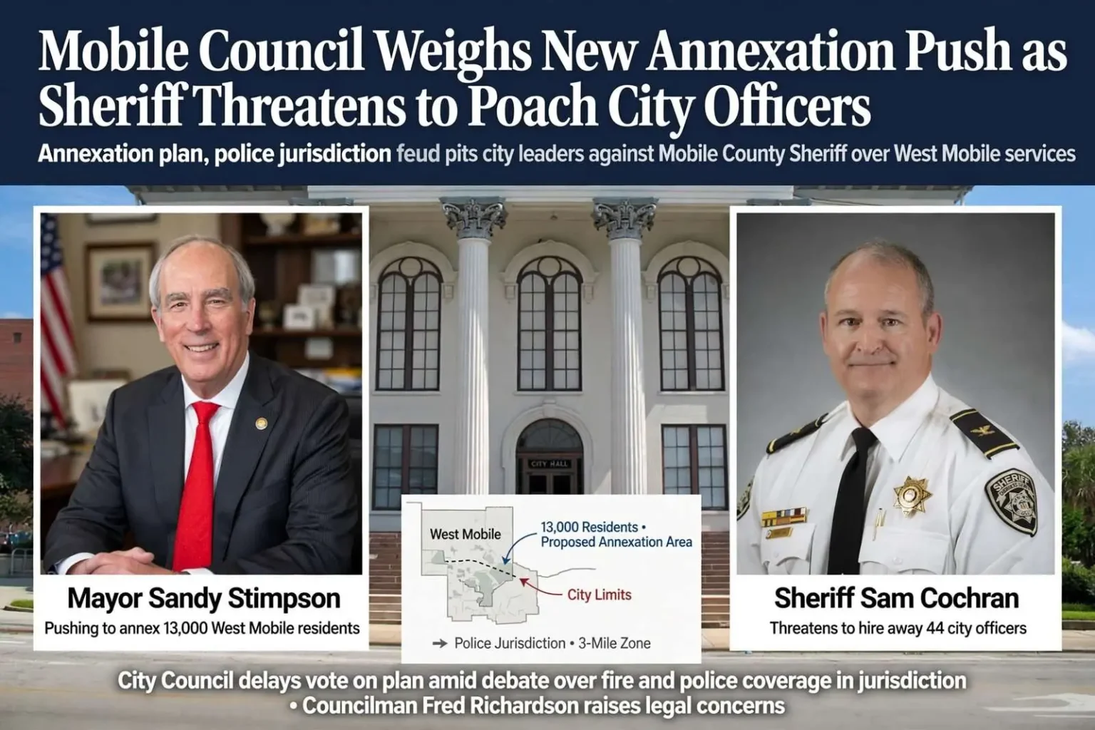 Illustration for the news story: Mobile Council Weighs New Annexation Push as Sheriff Threatens to Poach City Officers