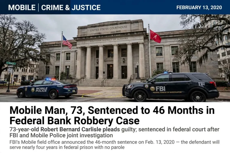 Illustration for the news story: Mobile Man, 73, Sentenced to 46 Months in Federal Bank Robbery Case