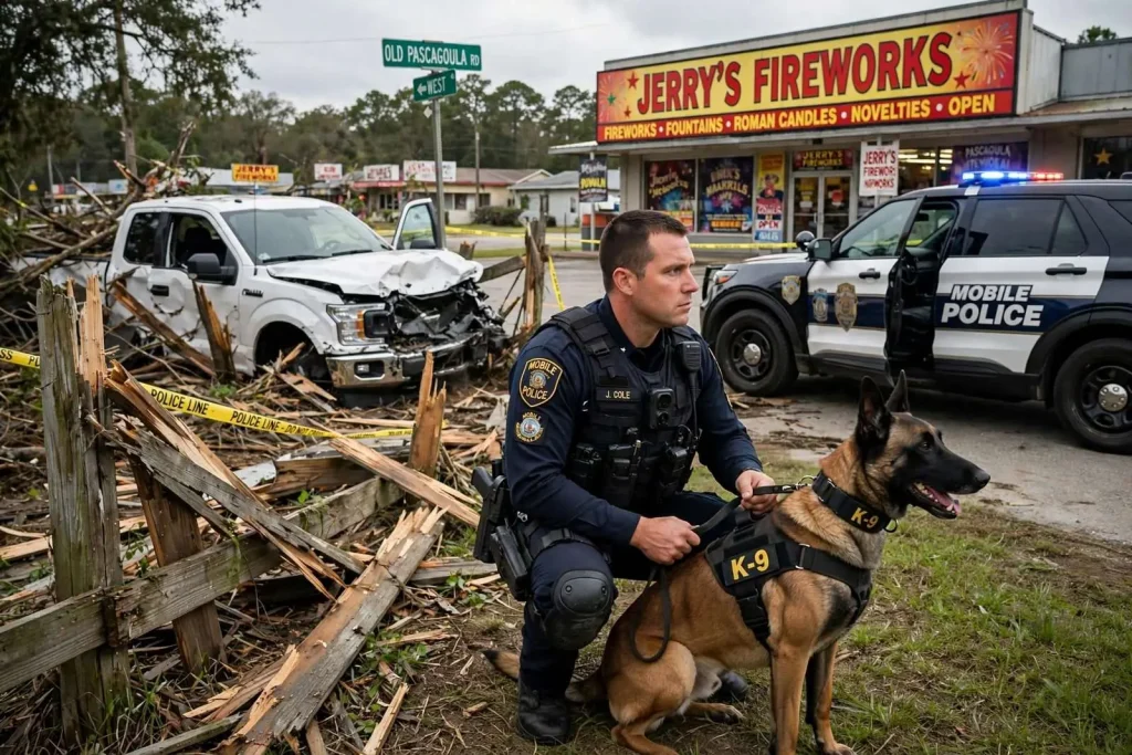 Illustration for the news story: Mobile Police K-9 apprehends stolen-vehicle suspect near Jerry’s Fireworks
