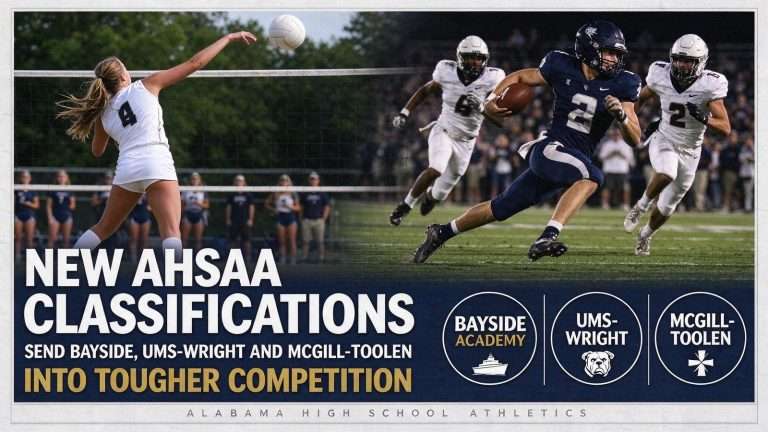 Illustration for the news story: New AHSAA Classifications Send Bayside, UMS-Wright and McGill-Toolen Into Tougher Competition