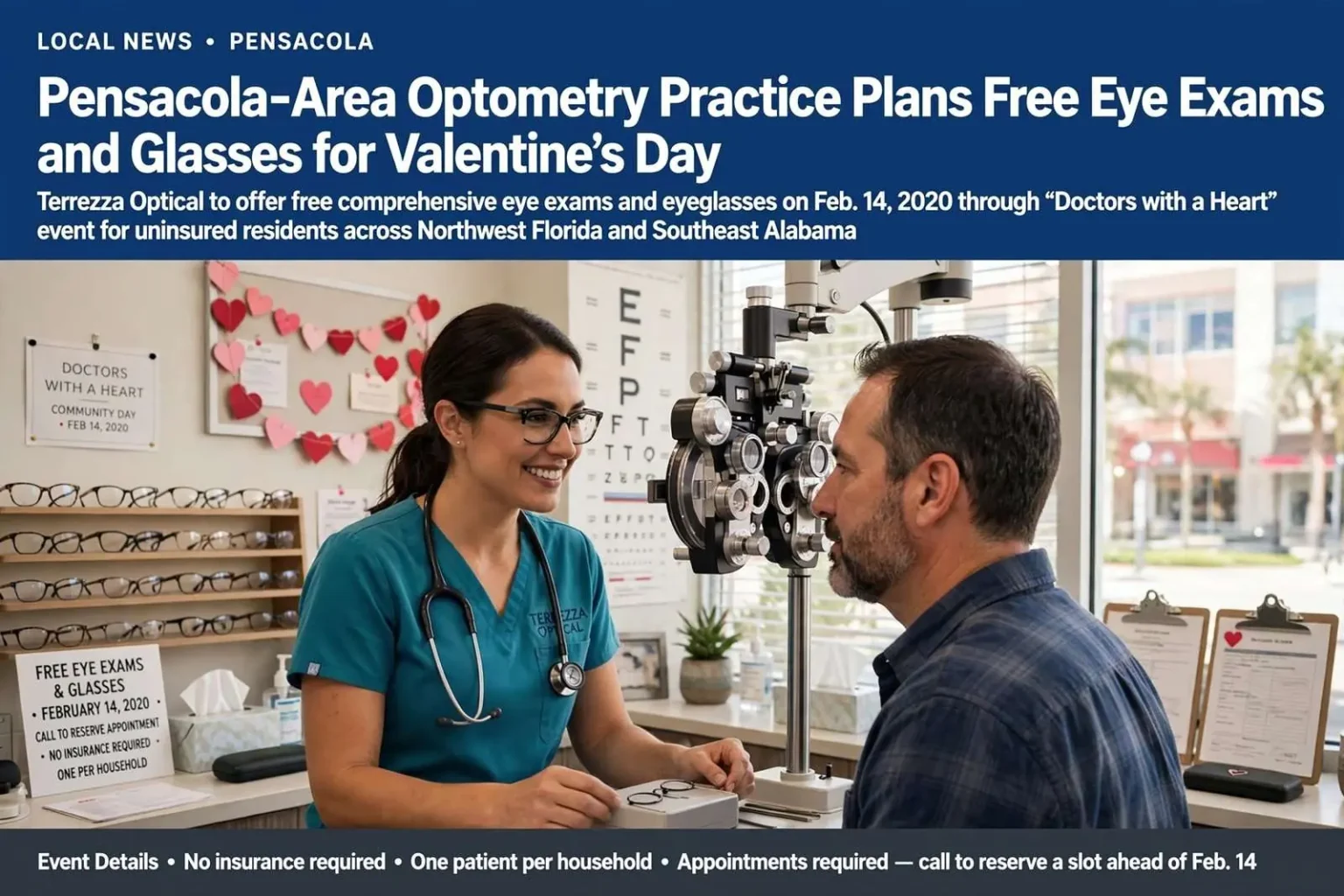 Illustration for the news story: Pensacola-Area Optometry Practice Plans Free Eye Exams and Glasses for Valentine’s Day