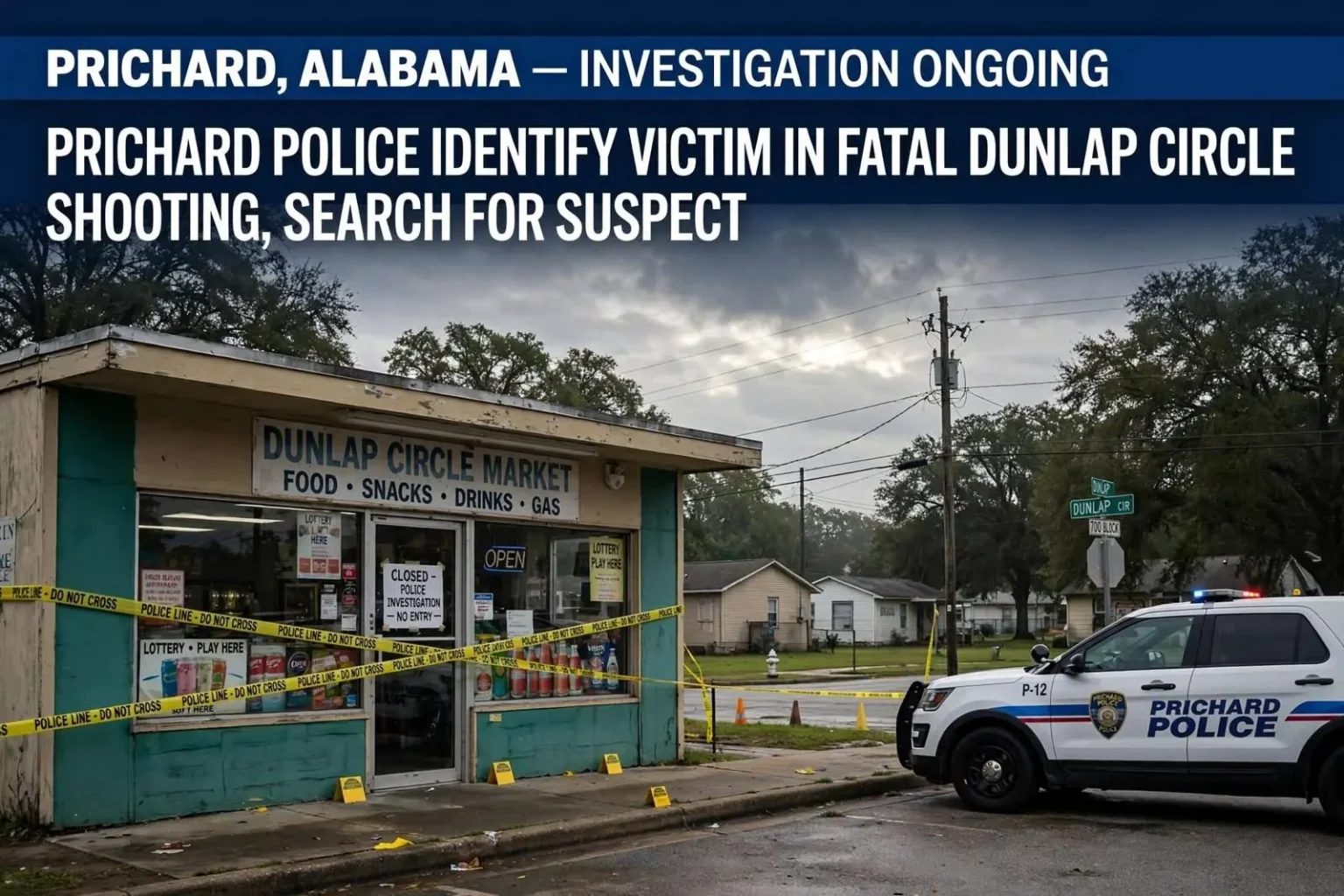 Illustration for the news story: Prichard Police Identify Victim in Fatal Dunlap Circle Shooting, Search for Suspect
