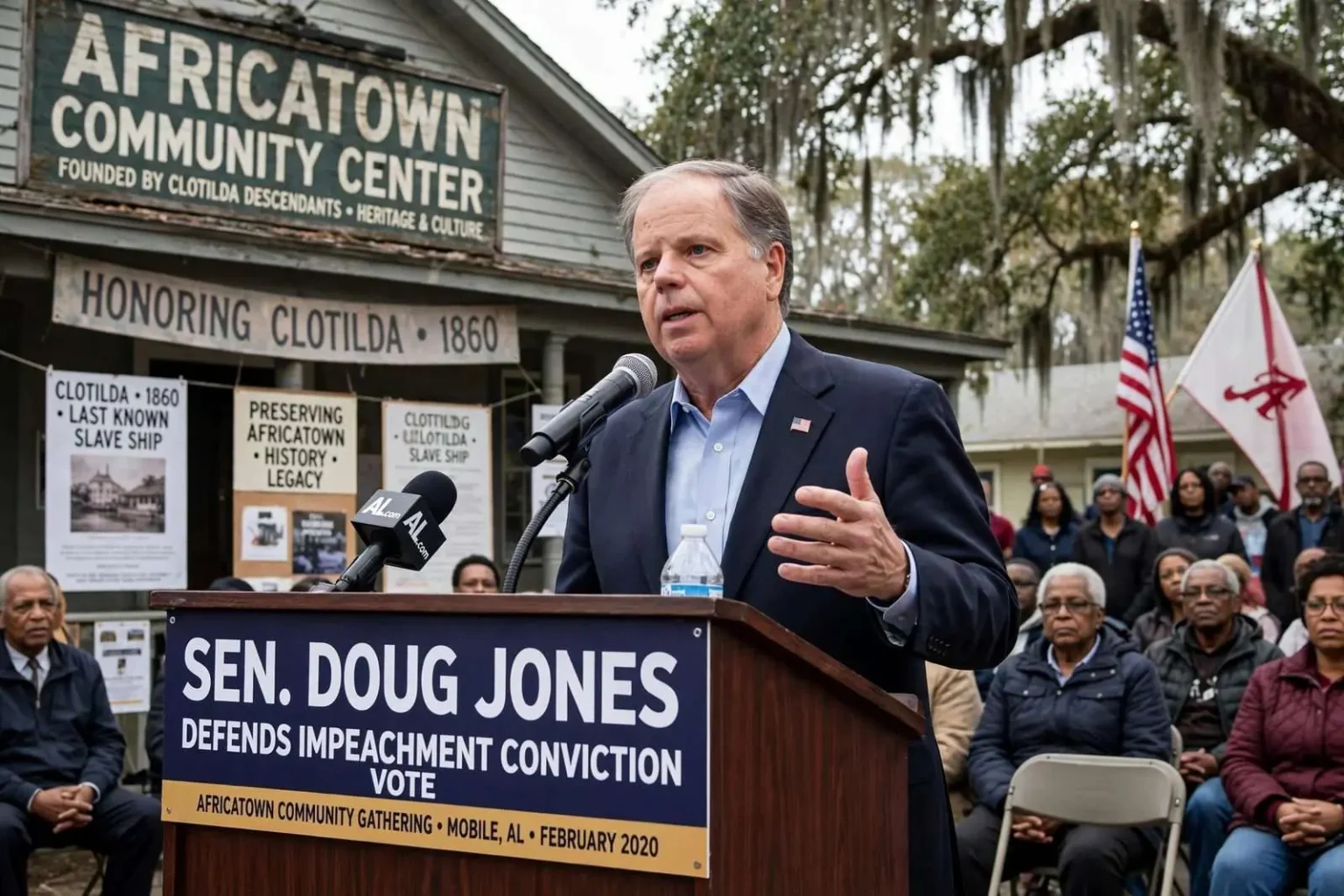 Illustration for the news story: Sen. Doug Jones Defends Impeachment Conviction Vote at Mobile Appearance