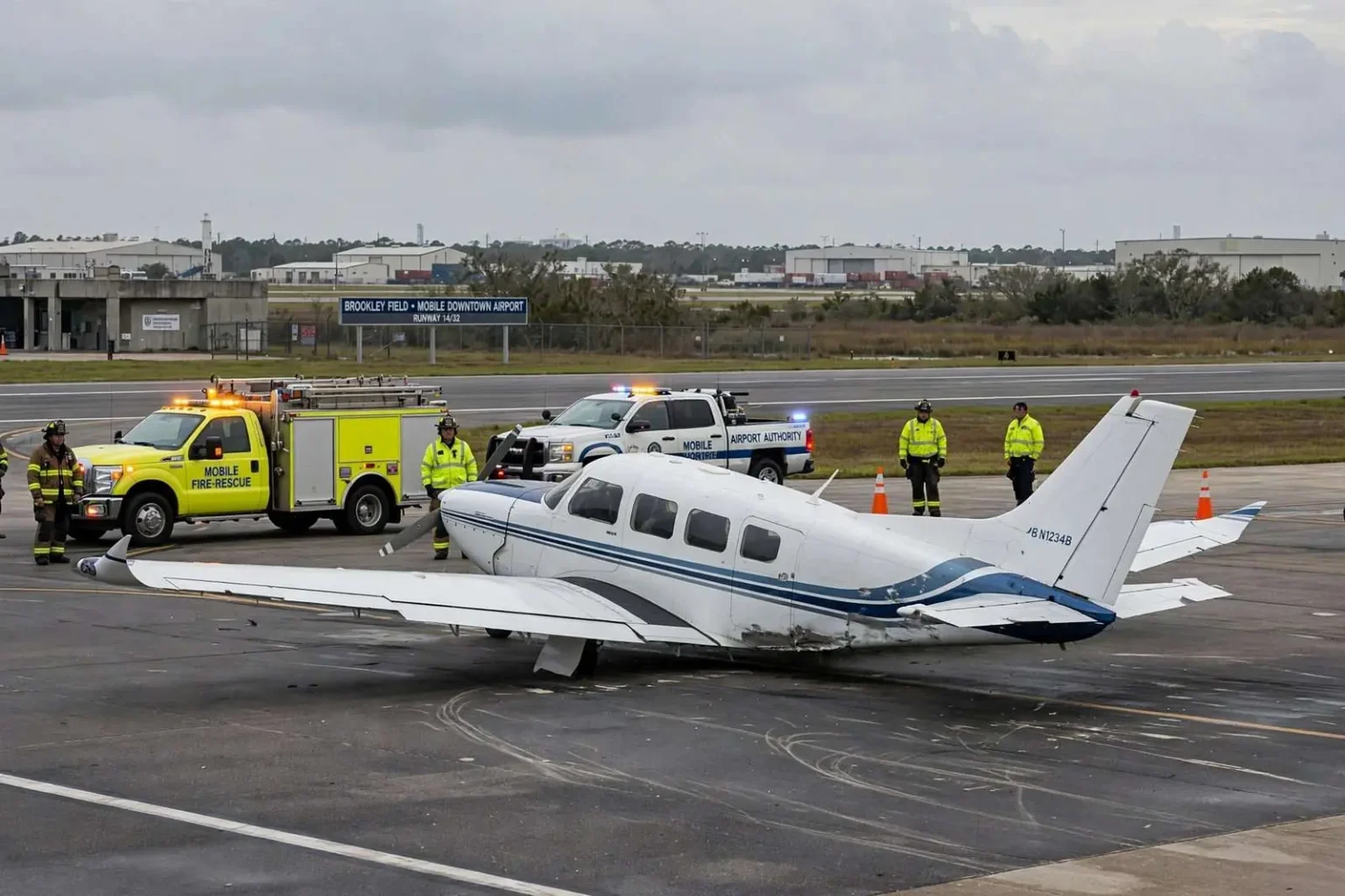 Illustration for the news story: Small Plane Lands on Its Belly at Brookley Field After Landing Gear Failure; Pilot Unhurt