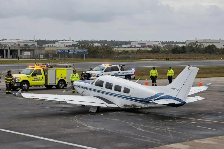 Illustration for the news story: Small Plane Lands on Its Belly at Brookley Field After Landing Gear Failure; Pilot Unhurt