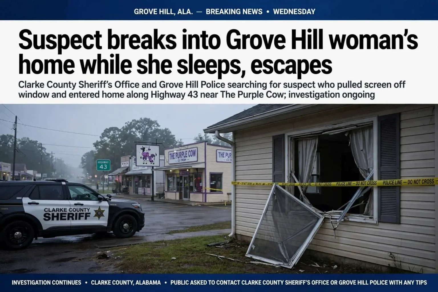 Illustration for the news story: Suspect breaks into Grove Hill woman’s home while she sleeps, escapes