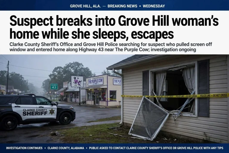 Illustration for the news story: Suspect breaks into Grove Hill woman’s home while she sleeps, escapes