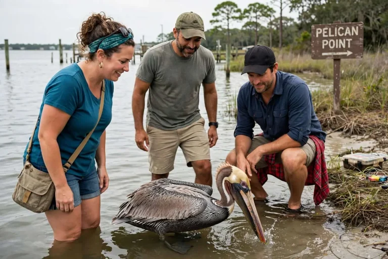 Illustration for the news story: Two Strangers Free a Pelican Snagged by a Fish Hook at Fairhope’s Pelican Point