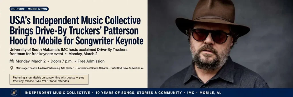 Illustration for the news story: USA’s Independent Music Collective Brings Drive-By Truckers’ Patterson Hood to Mobile for Songwriter Keynote
