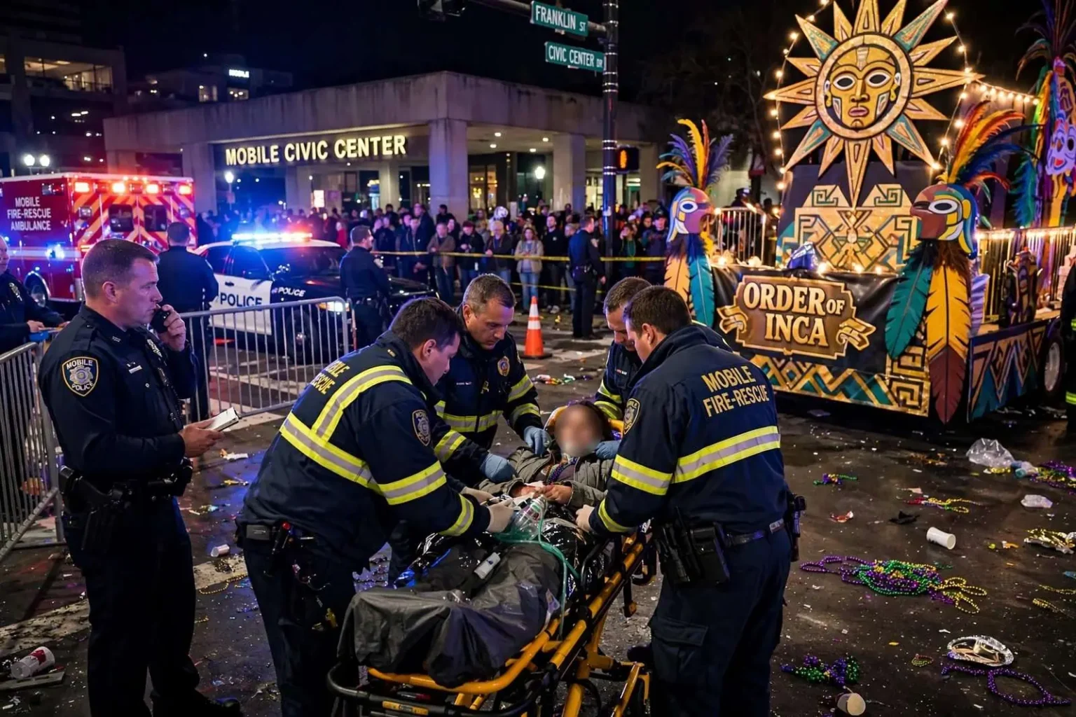 Illustration for the news story: Woman seriously injured after being struck by vehicle during Order of Inca parade in Mobile