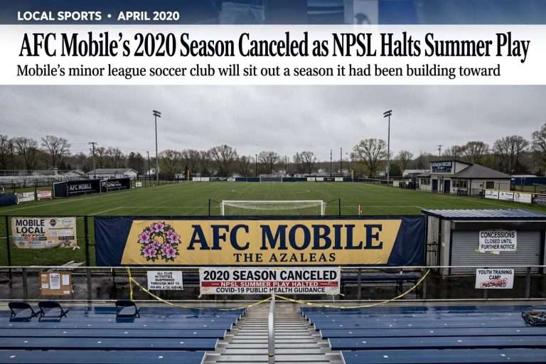 Illustration for the news story: AFC Mobile’s 2020 season canceled as NPSL halts summer play