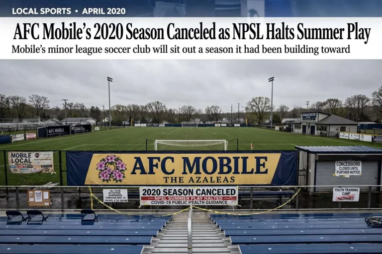 Illustration for the news story: AFC Mobile’s 2020 season canceled as NPSL halts summer play