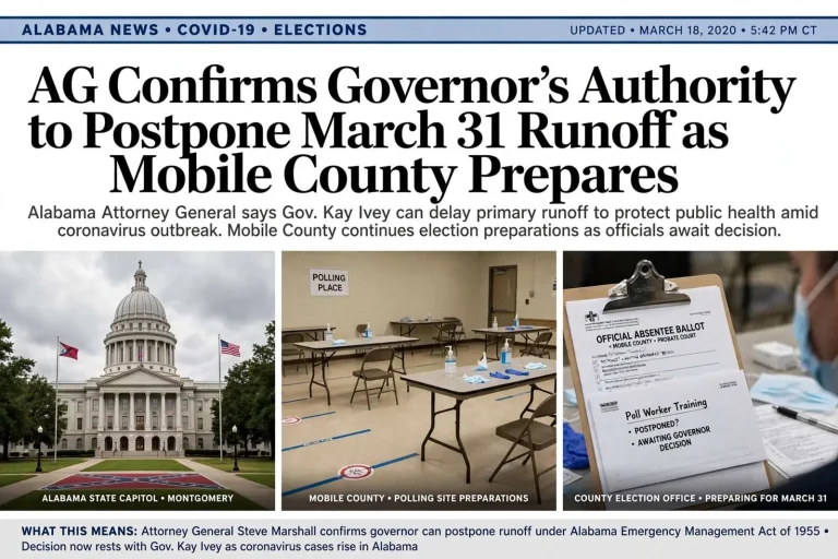 Illustration for the news story: AG Confirms Governor’s Authority to Postpone March 31 Runoff as Mobile County Prepares