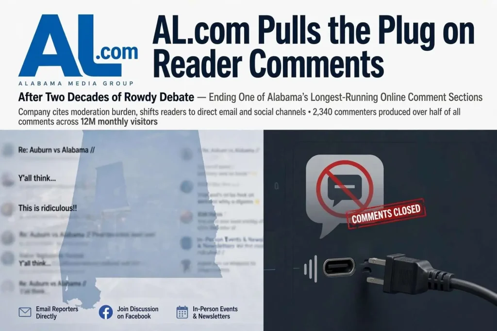 Illustration for the news story: AL.com Pulls the Plug on Reader Comments After Two Decades of Rowdy Debate