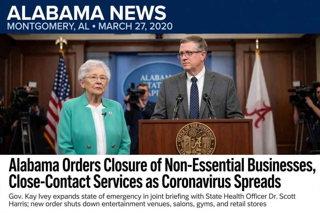 Illustration for the news story: Alabama orders closure of non-essential businesses, close-contact services as coronavirus spreads