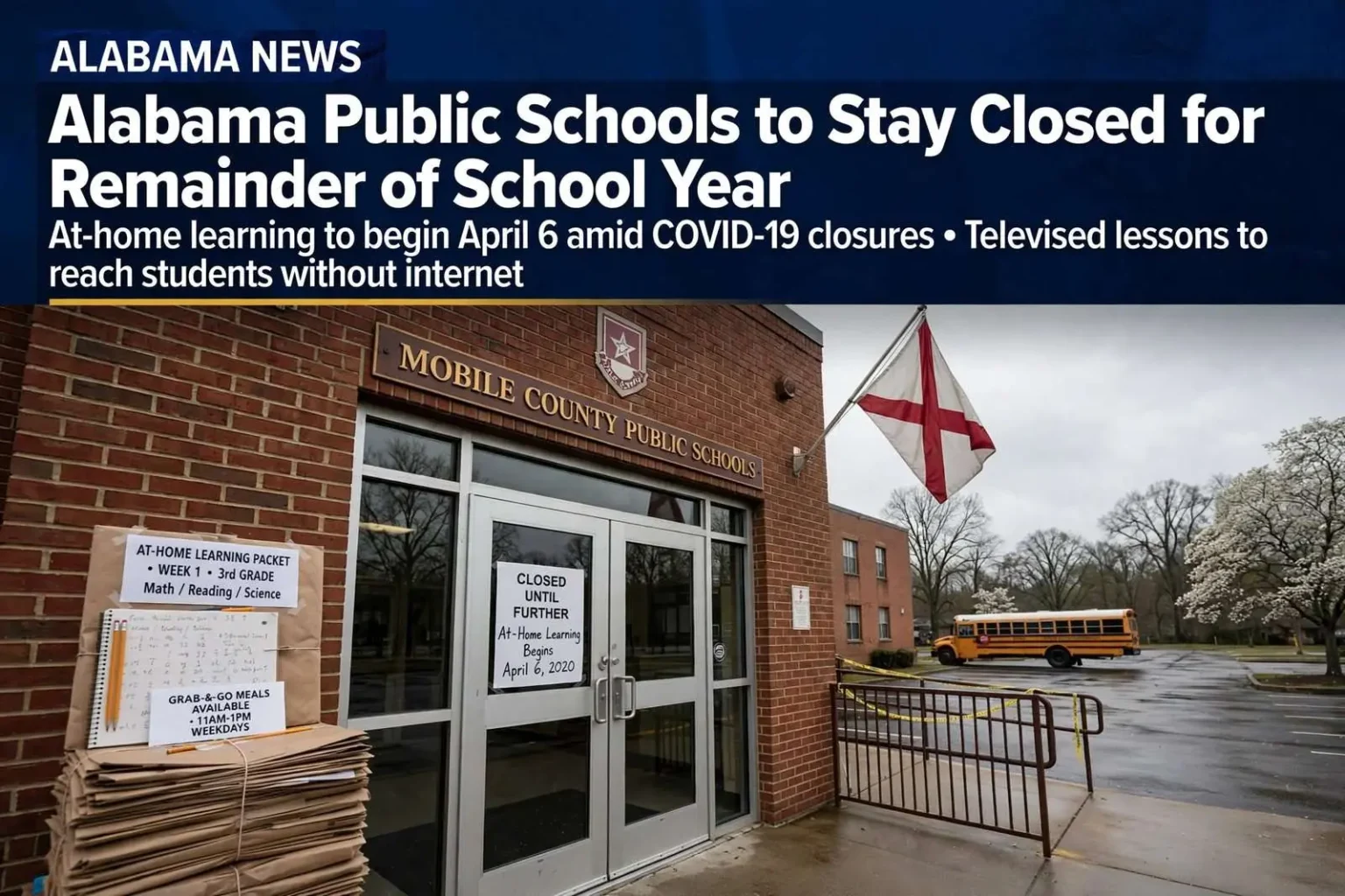 Illustration for the news story: Alabama public schools to stay closed; at-home learning begins April 6