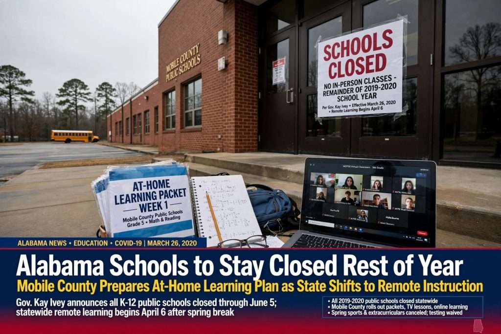 Illustration for the news story: Alabama Schools to Stay Closed Rest of Year, Mobile County Prepares At-Home Learning Plan