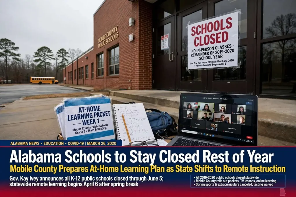 Illustration for the news story: Alabama Schools to Stay Closed Rest of Year, Mobile County Prepares At-Home Learning Plan