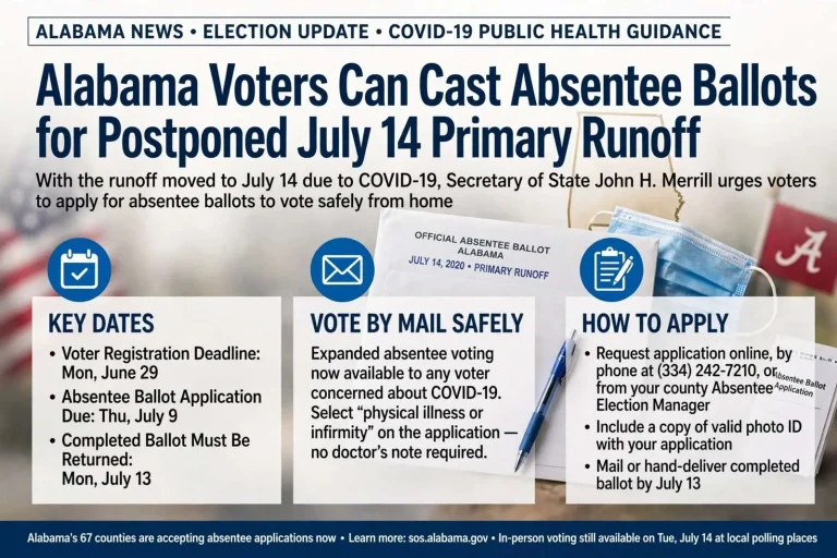 Illustration for the news story: Alabama Voters Can Cast Absentee Ballots for Postponed July 14 Primary Runoff