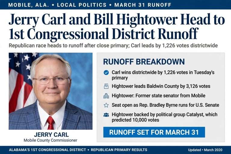Illustration for the news story: Jerry Carl and Bill Hightower Head to 1st Congressional District Runoff