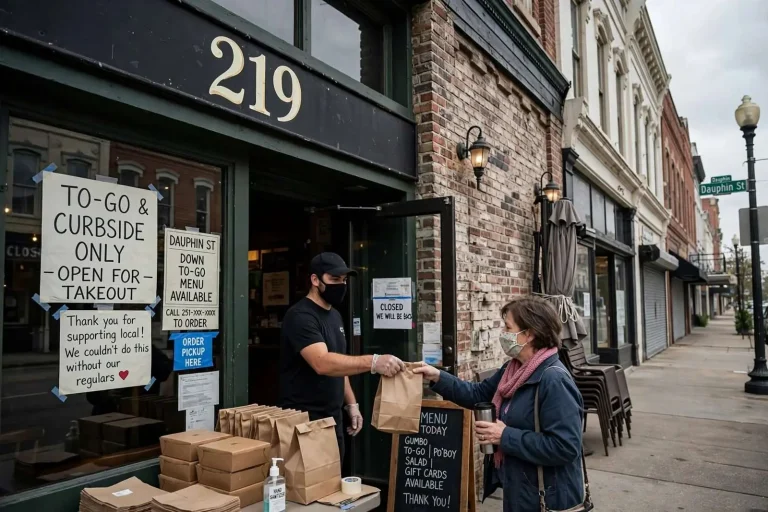 Illustration for the news story: Downtown Mobile Restaurants Lean on Loyal Customers to Weather COVID-19 Shutdown Orders
