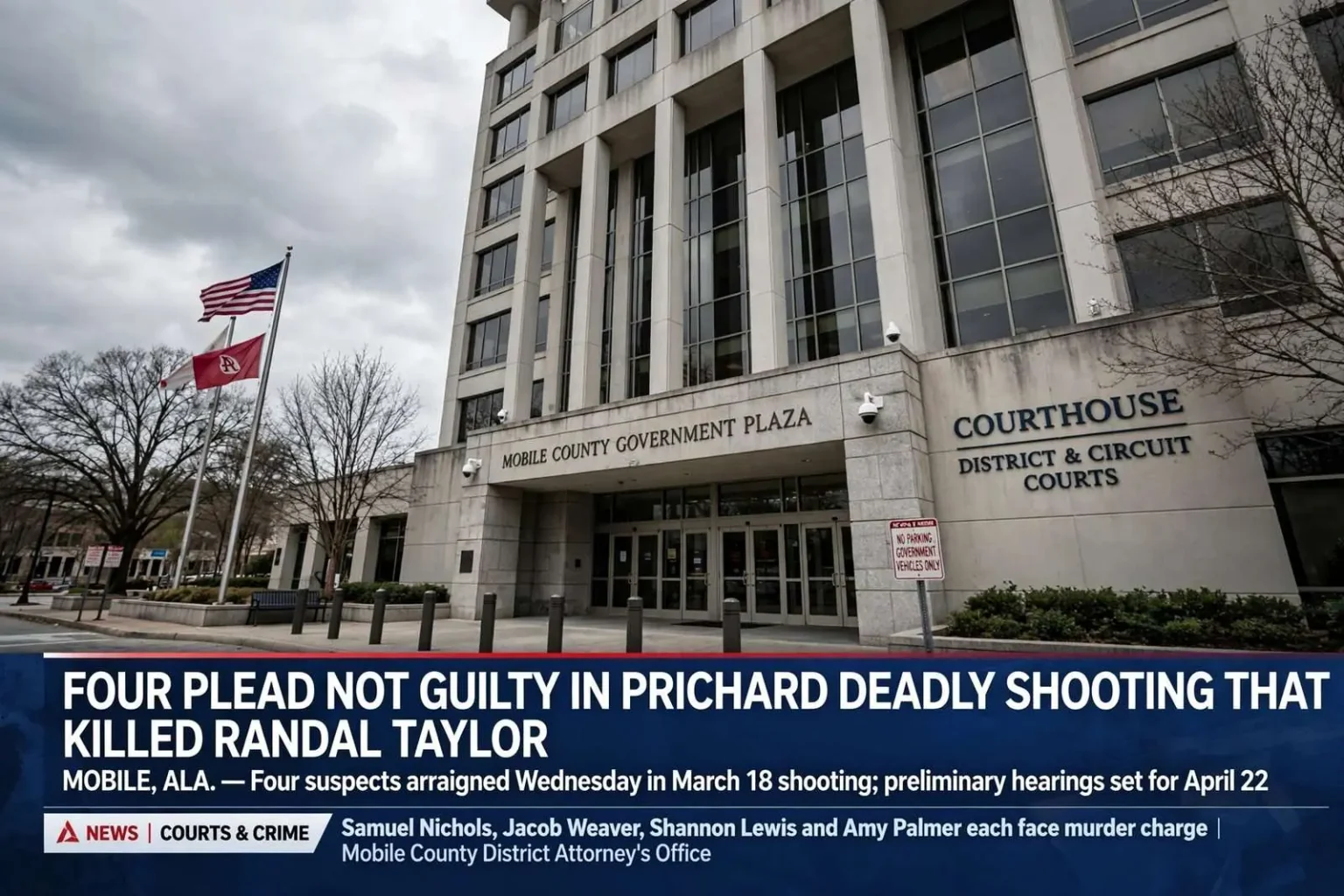 Illustration for the news story: Four plead not guilty in Prichard deadly shooting that killed Randal Taylor