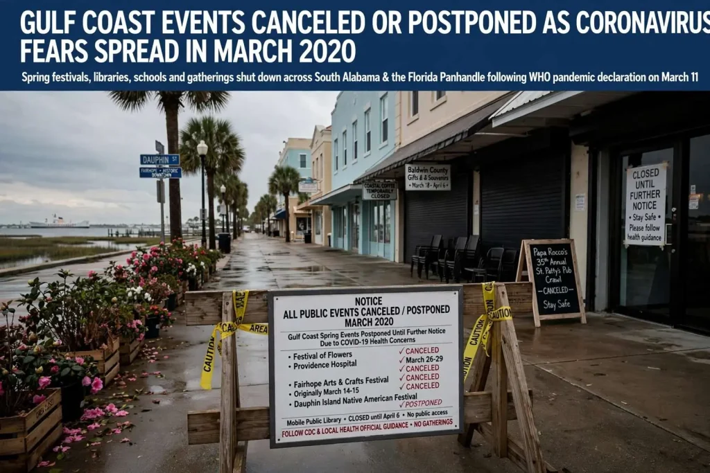 Illustration for the news story: Gulf Coast Events Canceled or Postponed as Coronavirus Fears Spread in March 2020