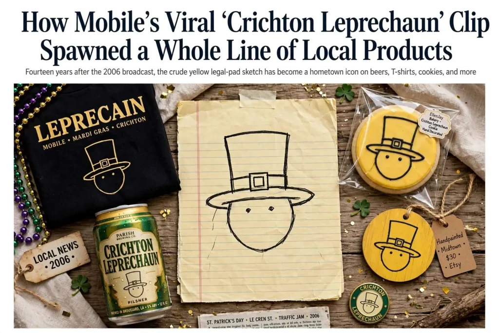 Illustration for the news story: How Mobile’s Viral ‘Crichton Leprechaun’ Clip Spawned a Whole Line of Local Products