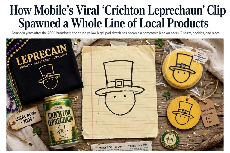 Illustration for the news story: How Mobile’s Viral ‘Crichton Leprechaun’ Clip Spawned a Whole Line of Local Products