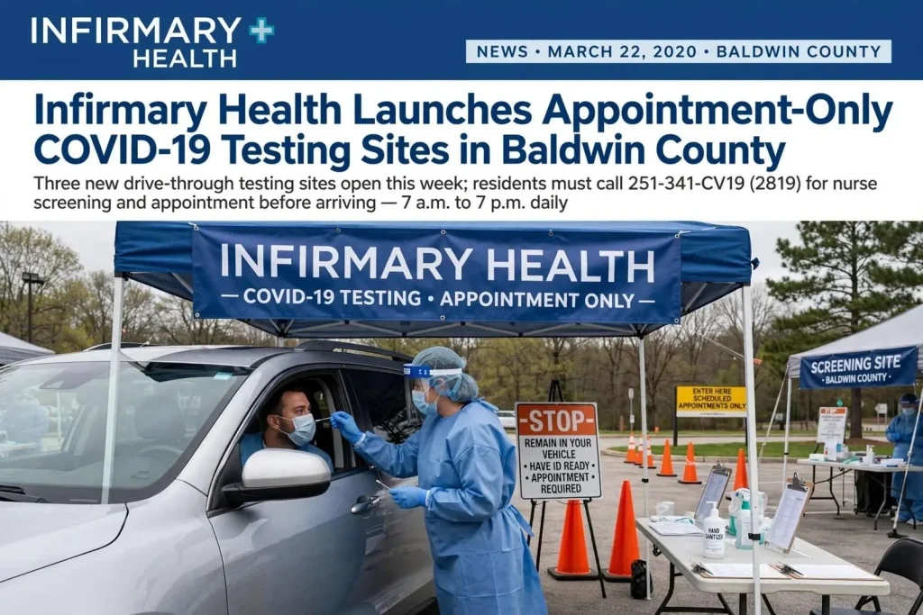 Illustration for the news story: Infirmary Health Launches Appointment-Only COVID-19 Testing Sites in Baldwin County