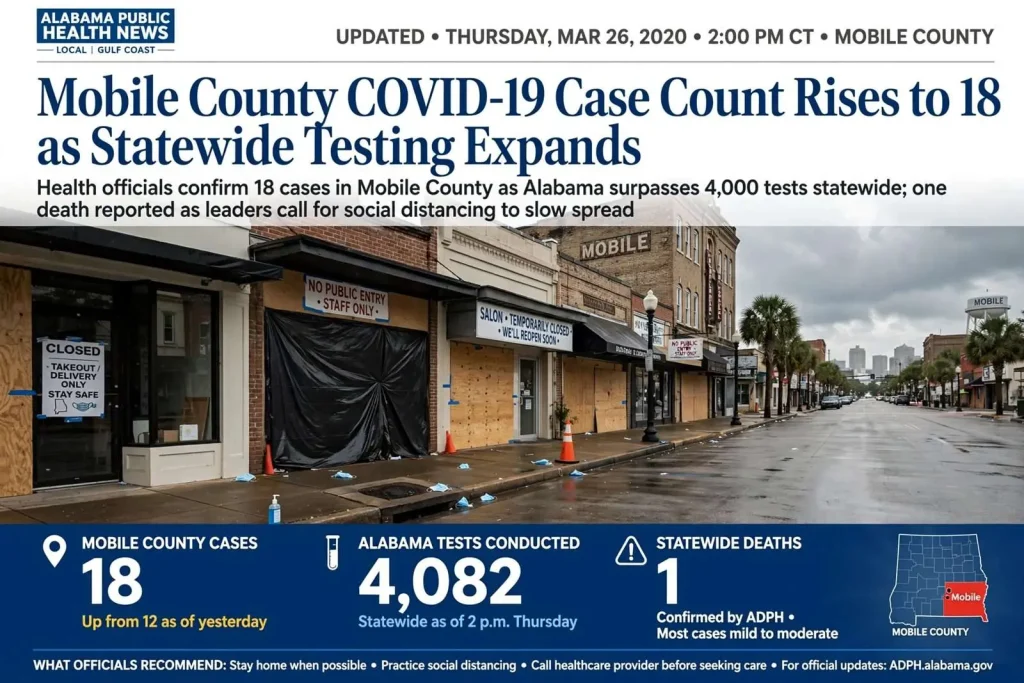 Illustration for the news story: Mobile County COVID-19 Case Count Rises to 18 as Statewide Testing Expands