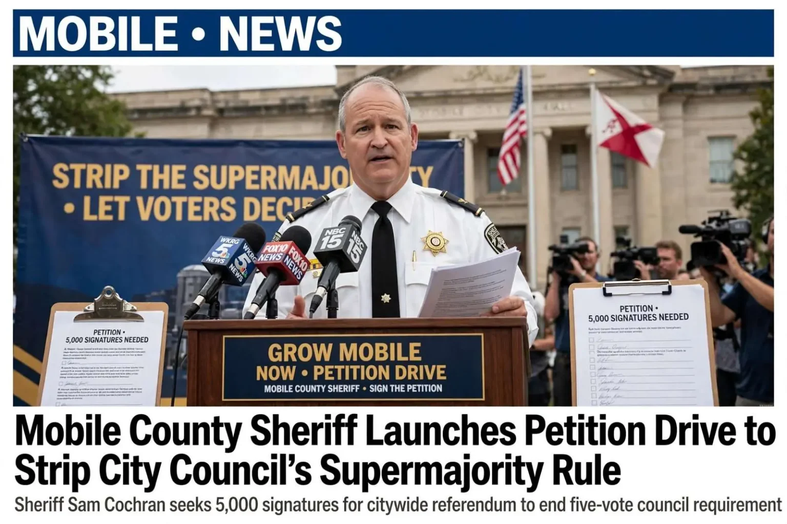 Illustration for the news story: Mobile County Sheriff Launches Petition Drive to Strip City Council’s Supermajority Rule