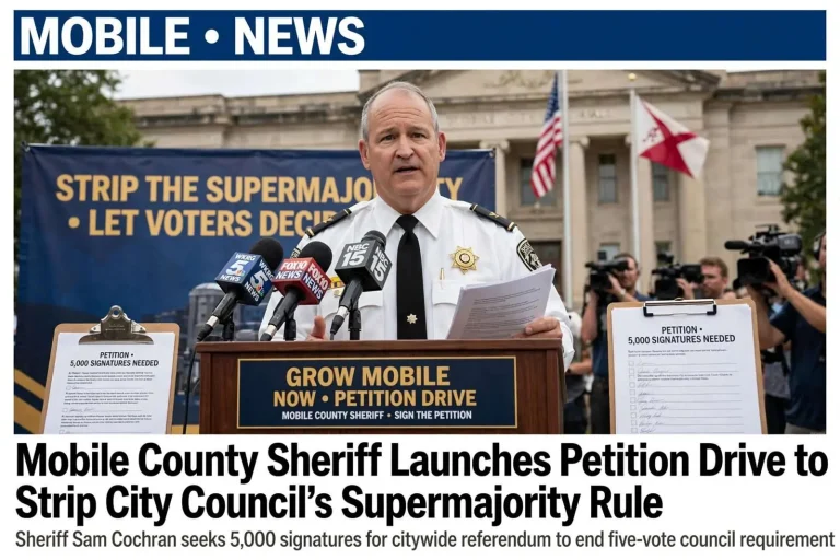 Illustration for the news story: Mobile County Sheriff Launches Petition Drive to Strip City Council’s Supermajority Rule