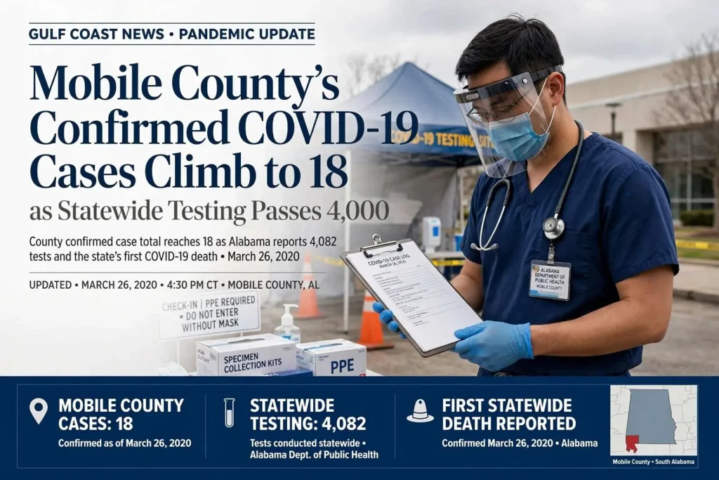 Illustration for the news story: Mobile County’s Confirmed COVID-19 Cases Climb to 18 as Statewide Testing Passes 4,000