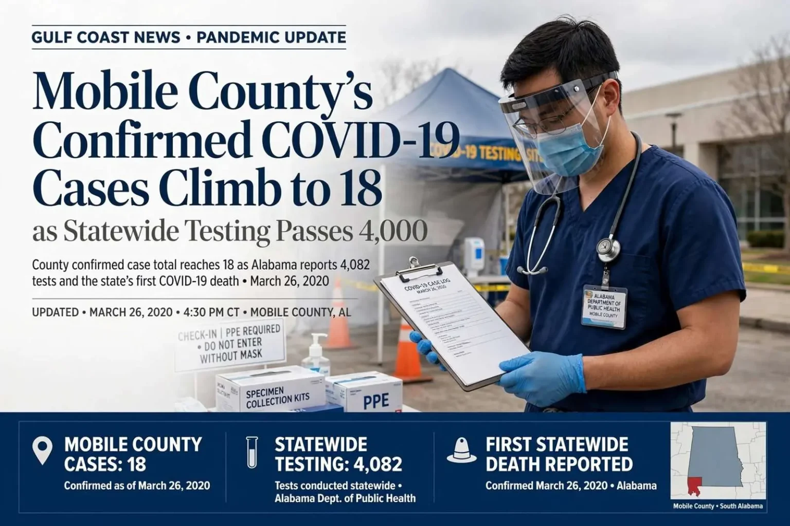 Illustration for the news story: Mobile County’s Confirmed COVID-19 Cases Climb to 18 as Statewide Testing Passes 4,000
