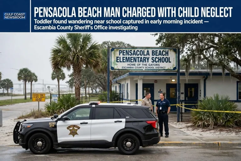 Illustration for the news story: Pensacola Beach man charged with child neglect after toddler found wandering near school