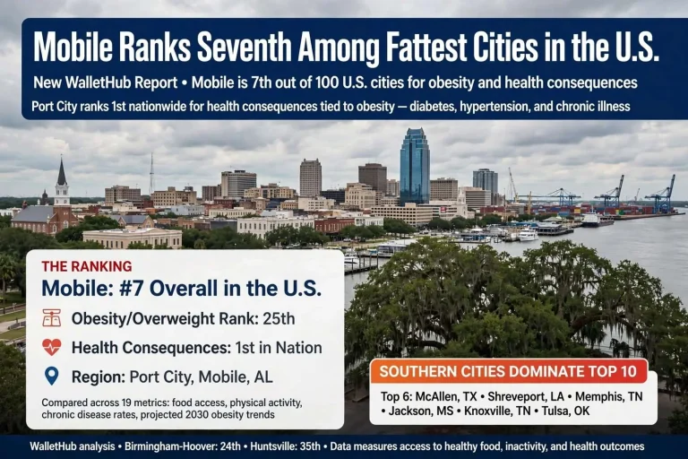 Illustration for the news story: Report: Mobile ranks seventh among fattest cities in the U.S.