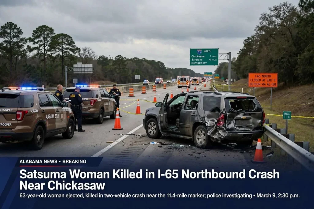 Illustration for the news story: Satsuma Woman Killed in I-65 Northbound Crash Near Chickasaw