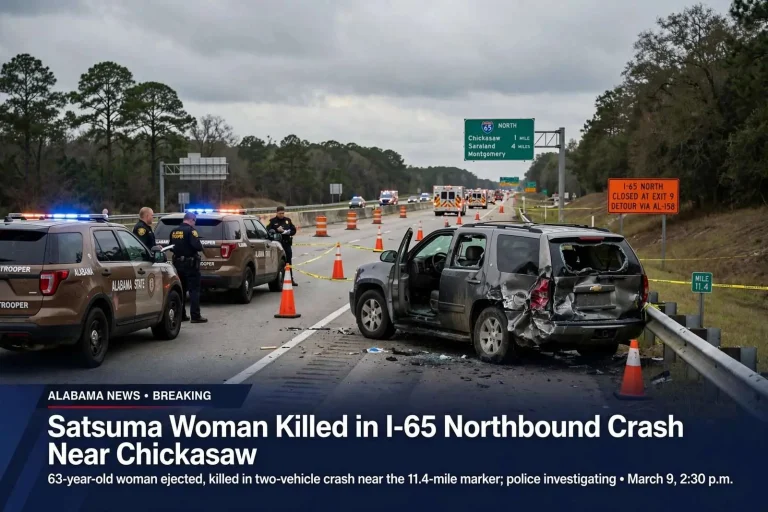 Illustration for the news story: Satsuma Woman Killed in I-65 Northbound Crash Near Chickasaw