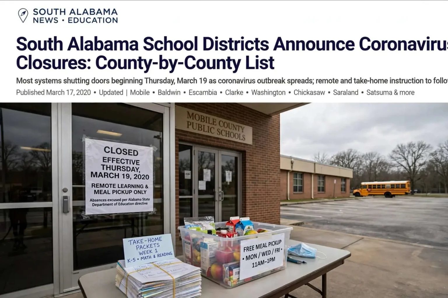 Illustration for the news story: South Alabama School Districts Announce Coronavirus Closures: County-by-County List