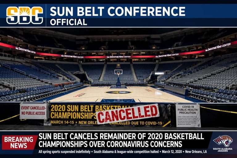 Illustration for the news story: Sun Belt Cancels Remainder of 2020 Basketball Championships Over Coronavirus Concerns