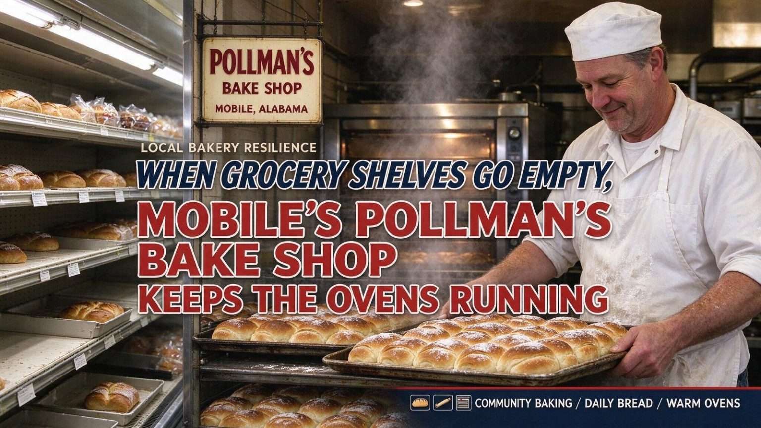 Illustration for the news story: When Grocery Shelves Go Empty, Mobile’s Pollman’s Bake Shop Keeps the Ovens Running